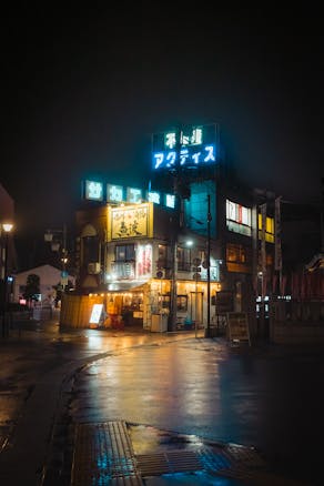 Night scene in Japan with neon lights illuminating a bustling street