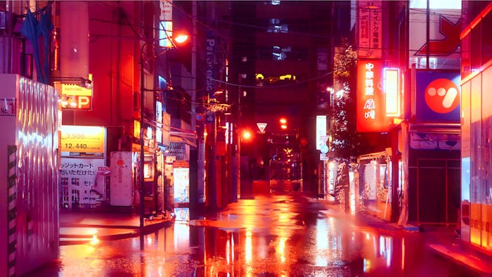 Night city street after rain with colorful neon signs reflecting on wet road